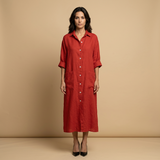 Vestido Midi Lino Camisero Bolsillos Manga Tres Cuartos