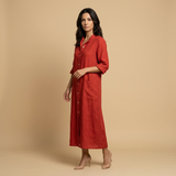 Vestido Midi Lino Camisero Bolsillos Manga Tres Cuartos