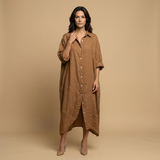 Vestido Midi Lino Camisero Bolsillos Manga Tres Cuartos