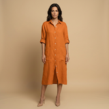 Vestido Midi Lino Camisero Bolsillos Manga Tres Cuartos