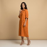 Vestido Midi Lino Camisero Bolsillos Manga Tres Cuartos
