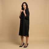 Vestido Midi Lino Camisero Bolsillos Manga Tres Cuartos