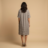 Vestido Midi Lino Camisero Bolsillos Manga Tres Cuartos