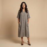 Vestido Midi Lino Camisero Bolsillos Manga Tres Cuartos