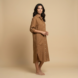 Vestido Midi Lino Camisero Bolsillos Manga Tres Cuartos