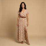 Vestido Largo Floral Wrap Abertura Frontal con Cinturón