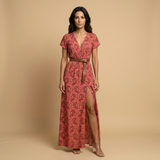 Vestido Largo Floral Wrap Abertura Frontal con Cinturón