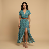 Vestido Largo Floral Wrap Abertura Frontal con Cinturón