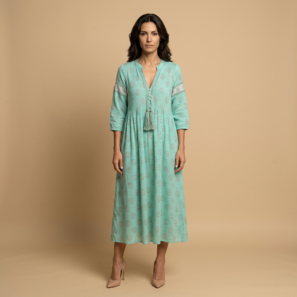 Vestido Midi Boho Estampado Medallones Borlas Manga Campana