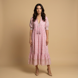 Vestido Midi Boho Estampado Medallones Borlas Manga Campana