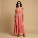 Vestido Largo Vichy Smock Tirantes Volante Bajo