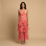 Vestido Midi Floral Tres Volantes Escalonados Escote V