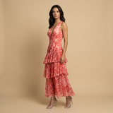 Vestido Midi Floral Tres Volantes Escalonados Escote V