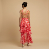 Vestido Midi Floral Tres Volantes Escalonados Escote V