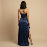 Vestido Largo Satén Sin Tirantes Ruched Abertura Alta