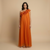 Vestido Largo Un Hombro Volantes Escultóricos Lurex Gala