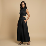 Vestido Largo Lino Sin Mangas Cut-Out Cintura Banda