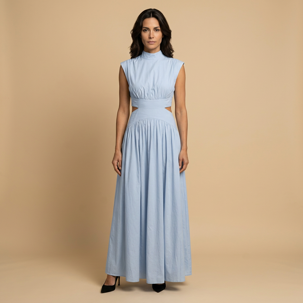 Vestido Largo Lino Sin Mangas Cut-Out Cintura Banda