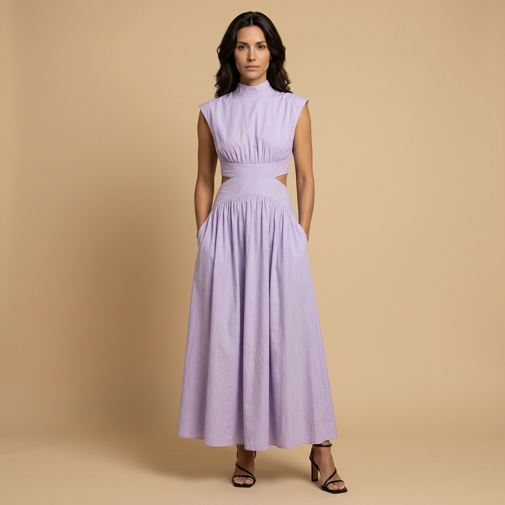 Vestido Largo Lino Sin Mangas Cut-Out Cintura Banda