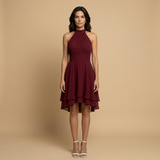 Vestido Midi Halter Chifón Tres Capas Cintura Banda