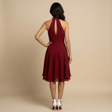 Vestido Midi Halter Chifón Tres Capas Cintura Banda
