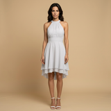 Vestido Midi Halter Chifón Tres Capas Cintura Banda
