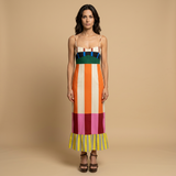Vestido Largo Rayas Multicolor Bustier Volante Bajo