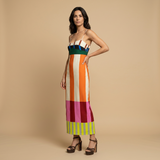 Vestido Largo Rayas Multicolor Bustier Volante Bajo