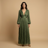 Vestido Largo Plisado Lunares Manga Globo Escote V