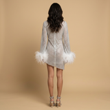 Vestido Corto Lentejuelas Malla Manga Larga Puño Plumas