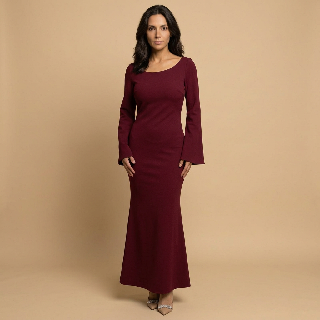 Vestido Largo Satén Manga Globo Cordón Puño