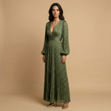 Vestido Largo Plisado Lunares Manga Globo Escote V