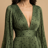 Vestido Largo Plisado Lunares Manga Globo Escote V