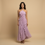 Vestido Largo Halter Volantes Plisados Espiral Escultórico