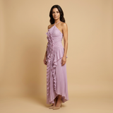 Vestido Largo Halter Volantes Plisados Espiral Escultórico