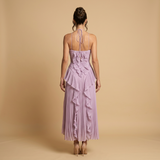 Vestido Largo Halter Volantes Plisados Espiral Escultórico