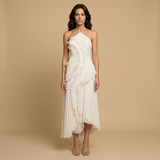Vestido Largo Halter Volantes Plisados Espiral Escultórico