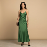 Vestido Largo Satén Lencero Escote V Tirantes
