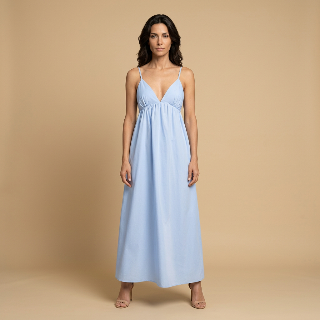 Vestido Largo Algodón Escote V Tirantes Niveles