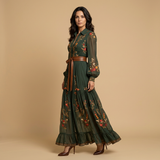 Vestido Largo Bordado Boho Manga Globo