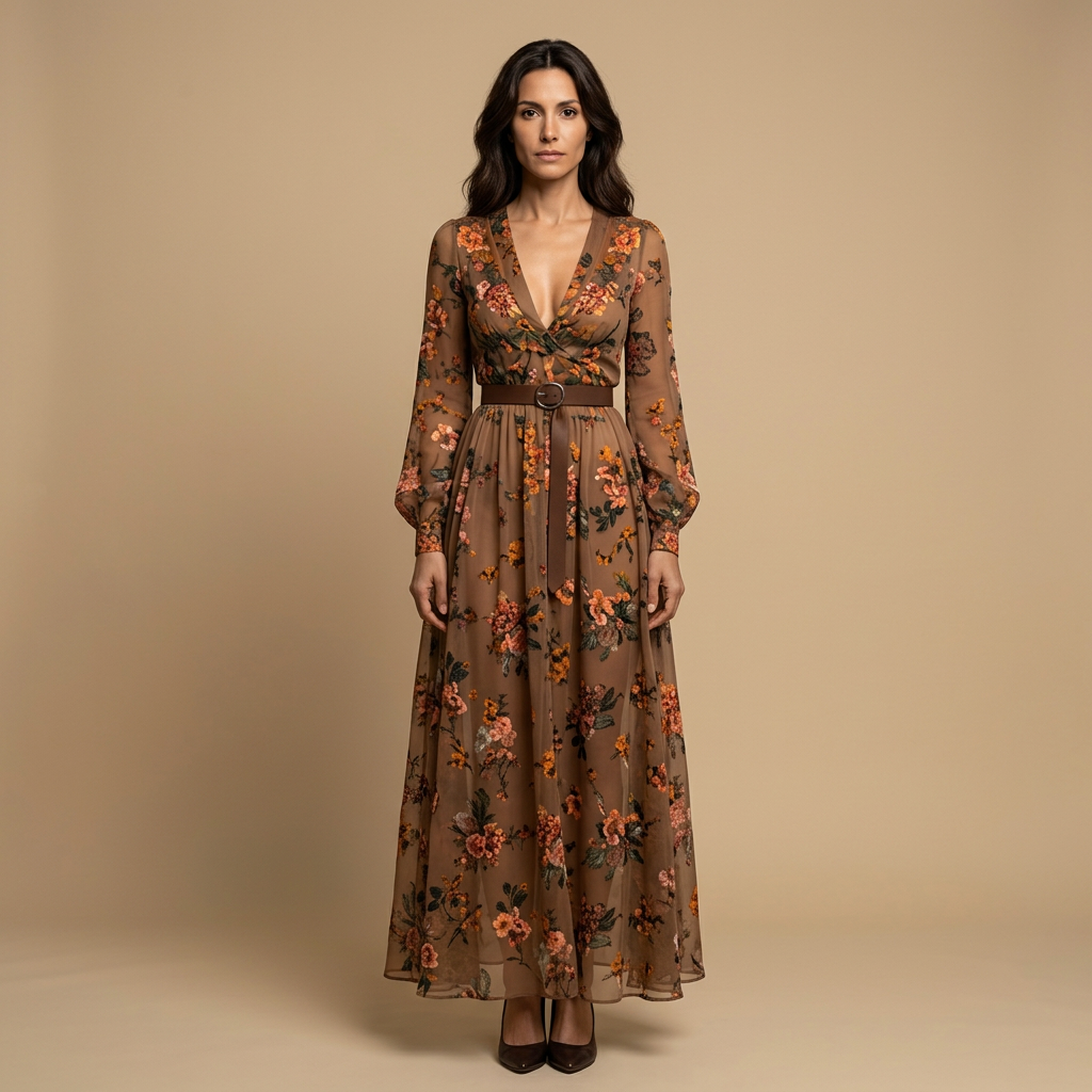 Vestido Largo Bordado Boho Manga Globo