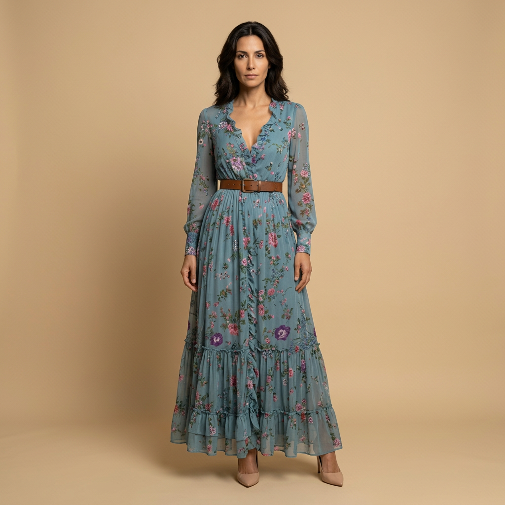 Vestido Largo Bordado Boho Manga Globo