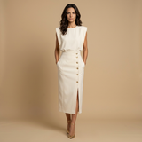 Vestido Midi Botonadura Dorada Hombros Estructura