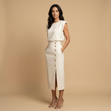 Vestido Midi Botonadura Dorada Hombros Estructura