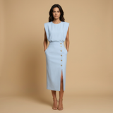 Vestido Midi Botonadura Dorada Hombros Estructura
