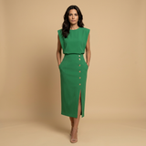 Vestido Midi Botonadura Dorada Hombros Estructura