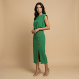Vestido Midi Botonadura Dorada Hombros Estructura