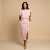 Vestido Midi Botonadura Dorada Hombros Estructura