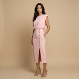 Vestido Midi Botonadura Dorada Hombros Estructura