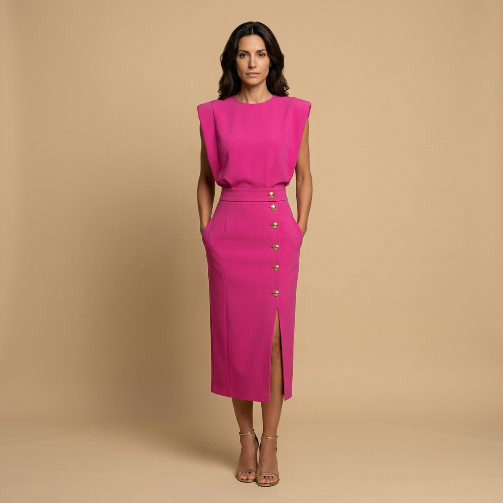 Vestido Midi Botonadura Dorada Hombros Estructura